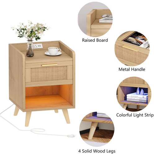 Keehusux Night Stands Set of 2, 13.8"W Nightstands with Charging Station, Boho End Table with LED Lights, Rattan Bed Side Table with Drawer & Metal Handle, Solid Wood Feet, for Bedroom, Dorm, Natural