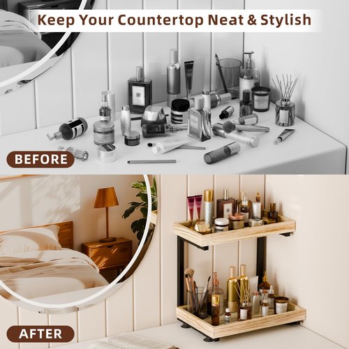 2-Tier Wooden Bathroom Countertop Organization, Vanity Organizers and Storage for Makeup, Perfume & Skincare, Anti-Slip Counter shelf with Embedded Screw Holes for Bathroom, Kitchen (Light Brown)