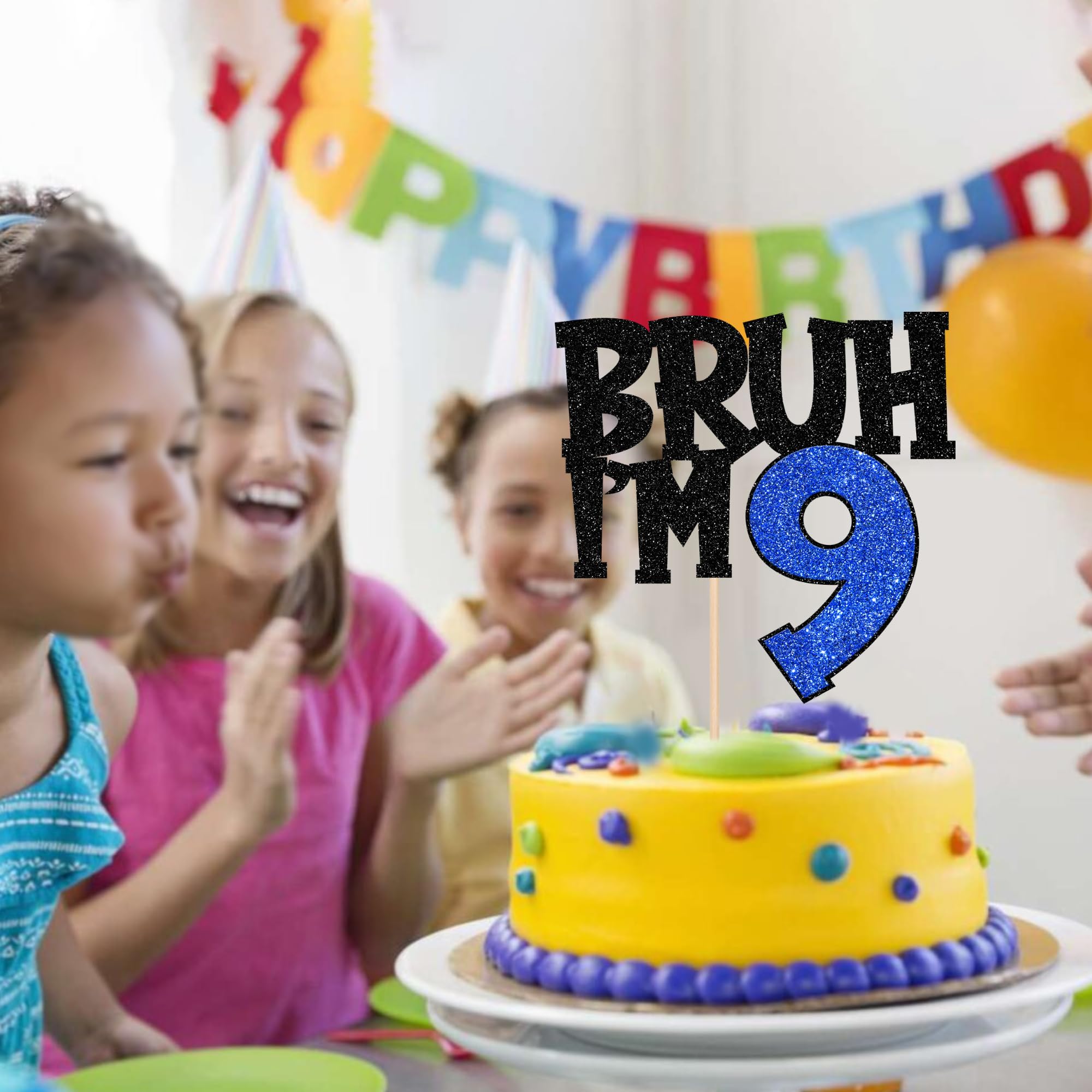 1 PCS Bruh I'm 9 Cake Topper Glitter Happy 9th Birthday Cake Pick Bro I'm 9 Cake Decoration It's My 9th Birthday Decorations for Cheers to 9 Years Old Birthday Anniversary Party Supplies Blue