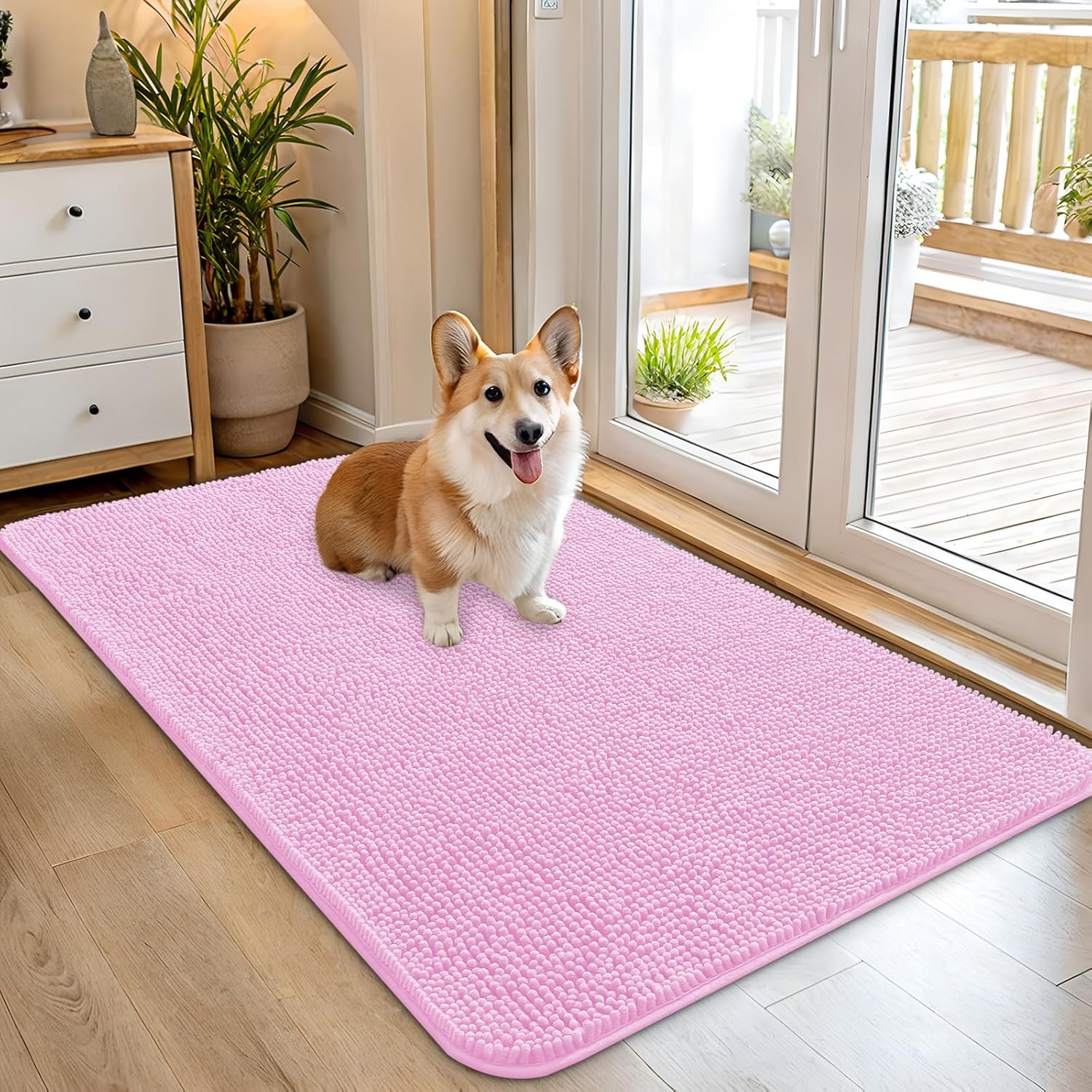 OLANLY Dog Door Mat - Absorbent Non-Slip Chenille Mat for Muddy Paws | 45x27 Inches, Quick Dry, Pink
