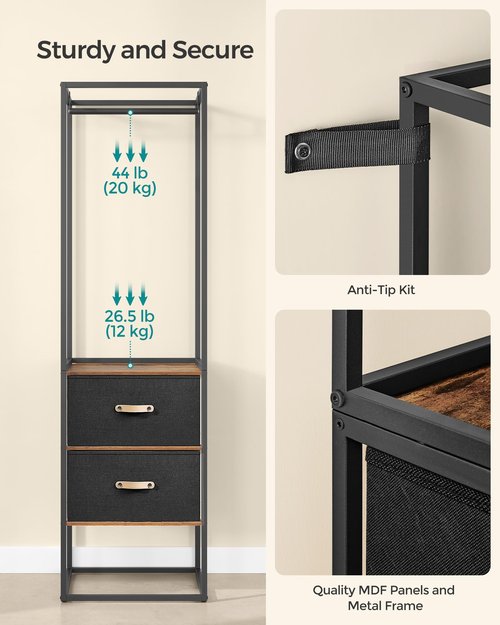 SONGMICS Clothes Rack, 70.9 Inch Wardrobe Freestanding Closet, Heavy Duty Garment Rack with 1 Extendable Hanging Rod, 2 Drawers and 4 Shelves, for Bedroom, Space-Saving, Rustic Brown URGR003B01