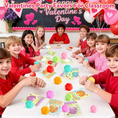 KIZZYEA Valentines Party Favors, 24 Pack Valentines Day Cards for Kids School with Diamond Squeeze Stress Balls, Valentines Day Gifts for Kids, Stretchy Toy for Classroom Prizes for Boys Girls