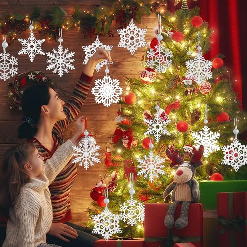 MEMOVAN 16PCS White Snowflake Ornaments - Wooden Hanging Decorations for Christmas Tree & Holiday Crafts