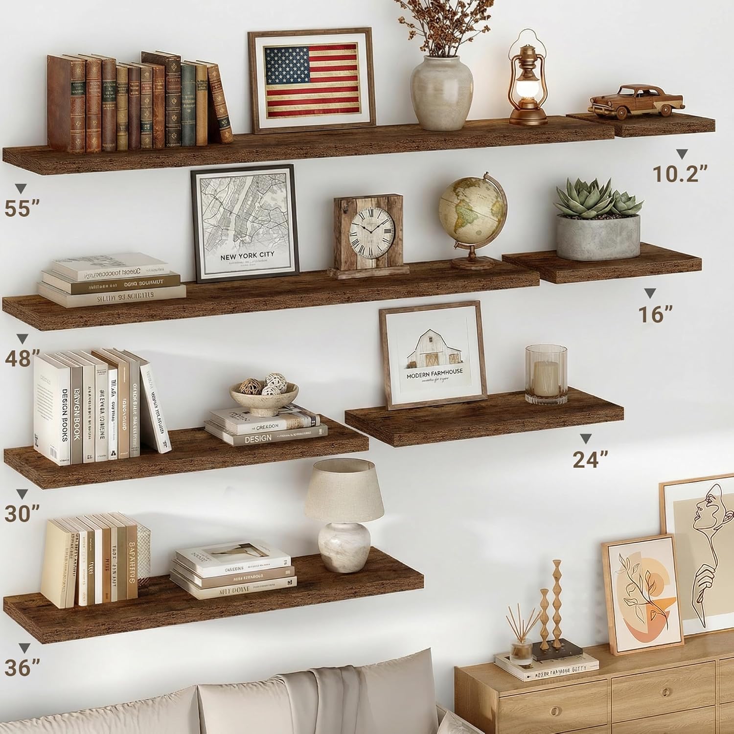 Vivelove 10 Inch Deep Floating Shelves - Set of 2 Rustic Brown Wall Shelves with Invisible Brackets for Home Decor
