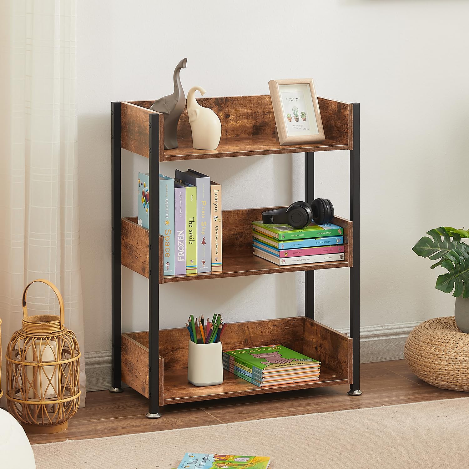 VECELO Bookshelf,Small Bookcase,3-Tier Storage Organizer,Industrial Shelving Unit for Home Office,Living Room,Dormitory,30" H,Retro Brown