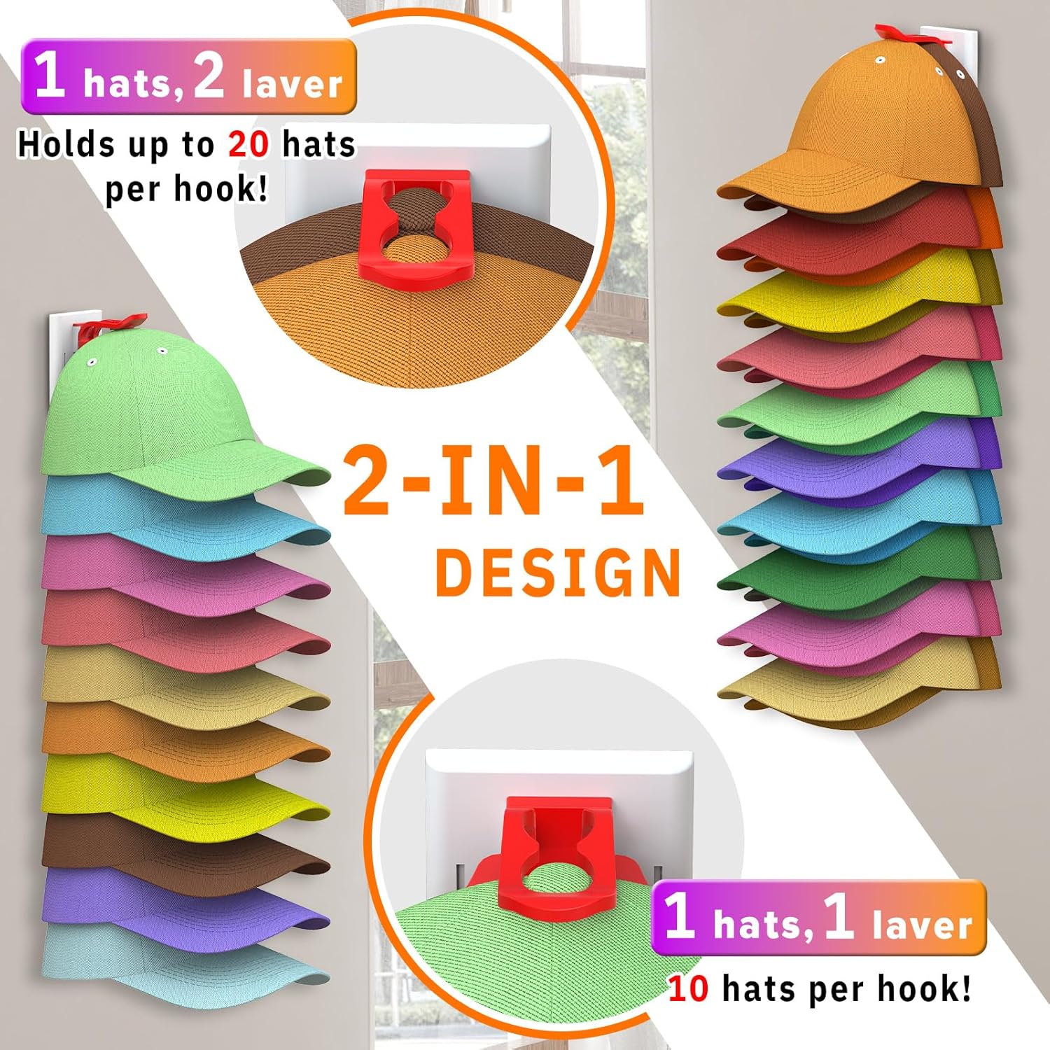Volnamal Hat Organizer - 2 Pack Baseball Cap Rack Holds Up to 40 Hats | Space-Saving Wall Storage (White & Color)