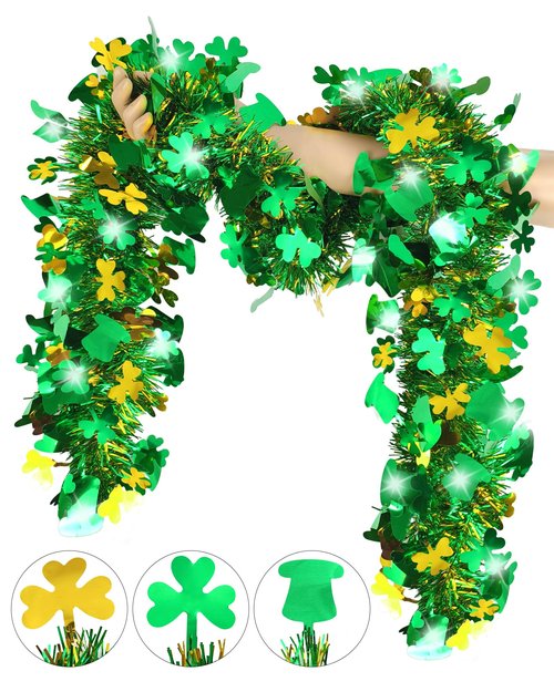 33FT St Patricks Day Garland Decor Gold Green Hat Shamrock Tinsel Garland for Home Indoor Outdoor St Patricks Day Party Supplies