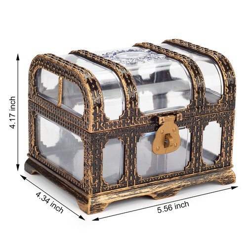 Pemalin Plastic Transparent Antique Pirate Treasure Box with Lock and Key, Treasure Toy Box Prizes for Kids, Pirate Party Decor