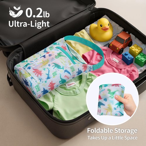 BrainyBees Kids Mesh Shower Caddy - Small Portable Toiletry Tote Bag for Camp Dorm Gym, Quick Dry Hanging Organizer with Zipper Pocket, Black Dinosaur