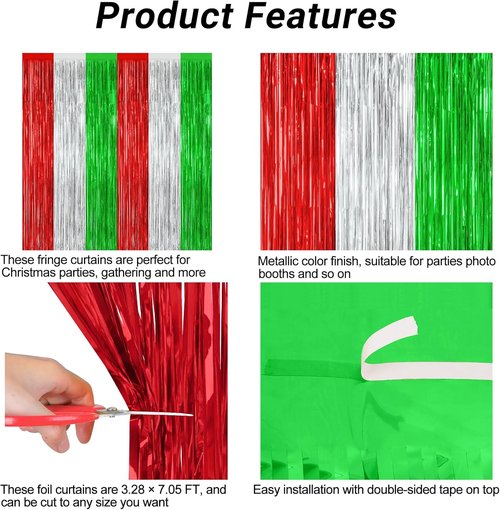 2 Pack Metallic Christmas Backdrop | Red, Silver & Green Streamer Curtains - 3.28 FT x 7.05 FT