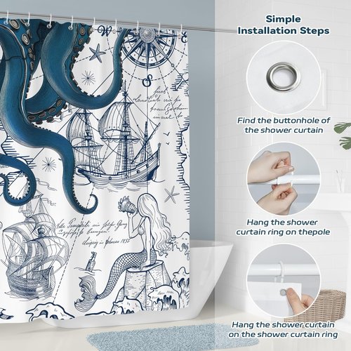 Hopomoon Blue Nautical Octopus Shower Curtain,Navy Blue Octopus and Mermaid Funny Ocean Kraken Waterproof and Moisture-Proof Bath Curtain Summer Decor with 12 Hooks 72 x 72 inch
