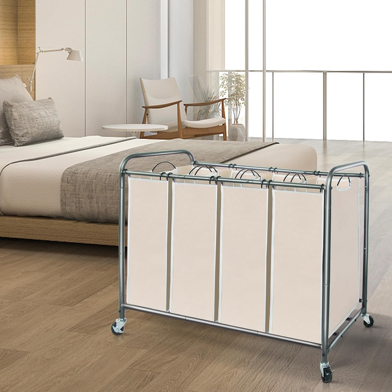 Storage Maniac Laundry Sorter - 4-Section 47.8 Gal Hamper Cart with Wheels & Removable Bags - Beige