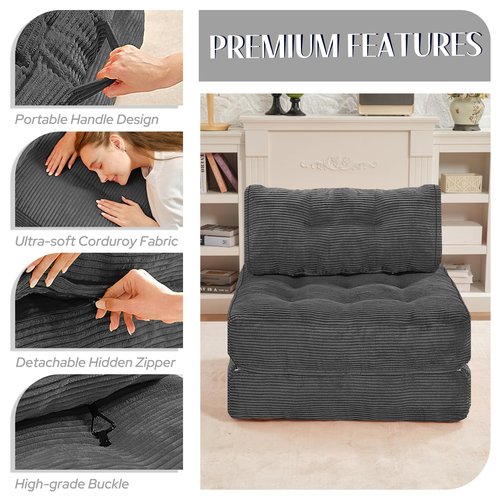 HABUTWAY Folding Sofa Bed, Convertible Sleeper Chair Bed w/Dual-Pillow & Handle, Foldable Floor Sofa Lounge w/Back Support for Living Room, Bedroom, Apartment, Office, Single, Grey
