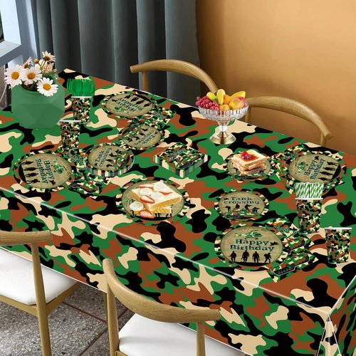 198pcs Army Birthday Party Decorations Include Camo Plates and Napkins Set, Banner, Hanging, Tablecloth, Balloon, Cupcake Topper, for Camouflage Hunting Military Theme Birthday Party, Serve 25