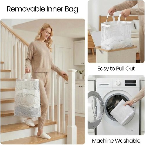 Efluky Slim Laundry Basket - Narrow Hamper with Lid & Removable Bag - 75L Beige for Bathroom & Bedroom