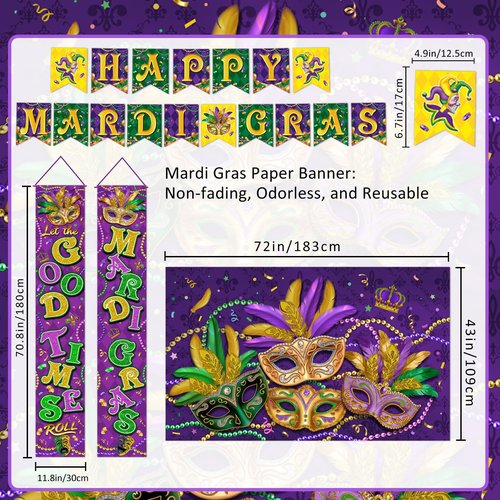 Mardi Gras Decorations Include Backdrop, Banner, Hanging Swirls, Porch Sign, Paper Pompoms, Honeycomb Centerpieces for Indoor/Outdoor Front Door Home Masquerade Party