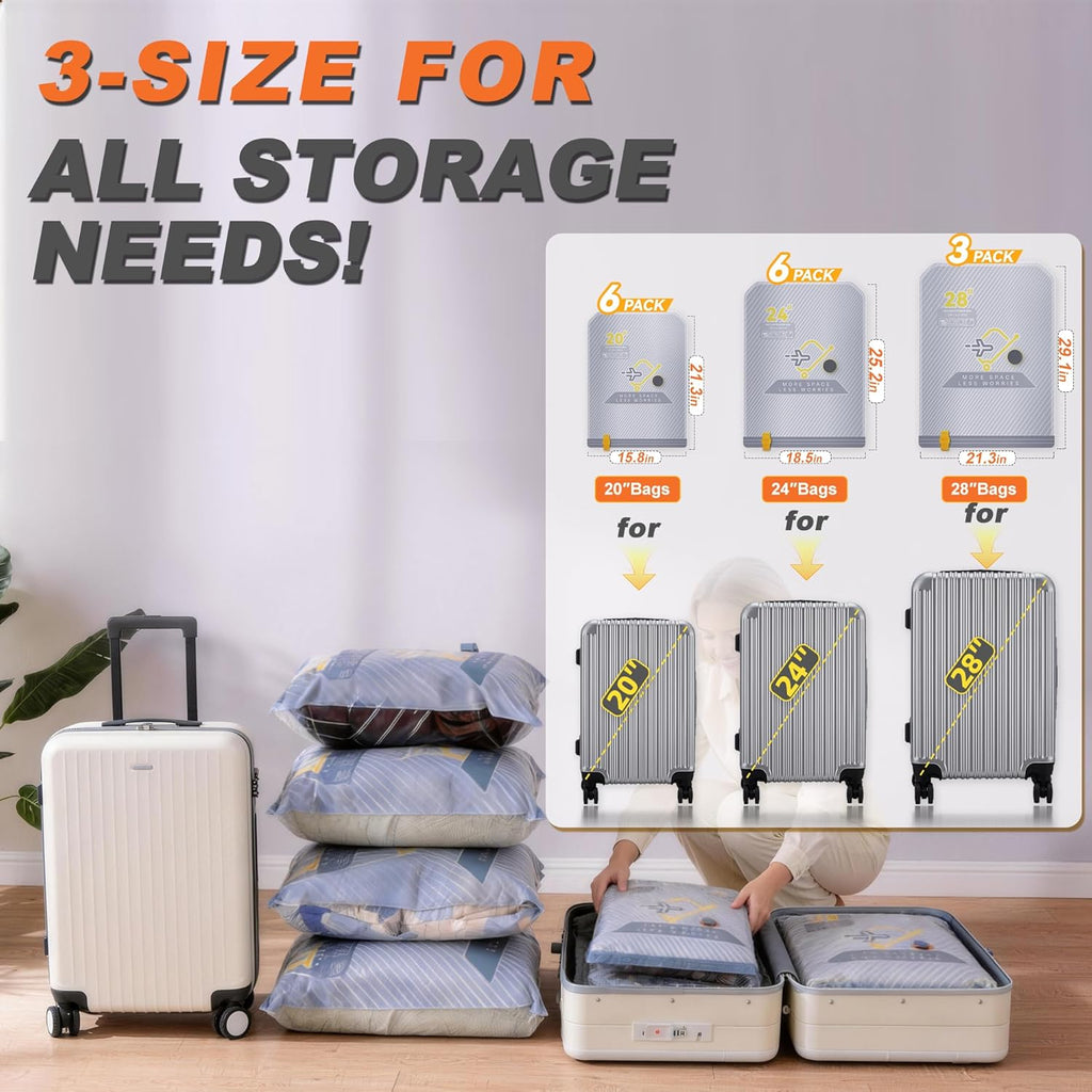 Skiennix 15-Pack Vacuum Bags - Travel Compression Packing Bags with Wireless Pump | Carry-On Size