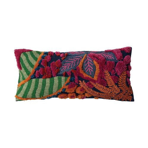 Creative Co-Op Embroidered Fabric Indoor/Outdoor Lumbar Pillow with Botanicals and Tufting, Multicolor
