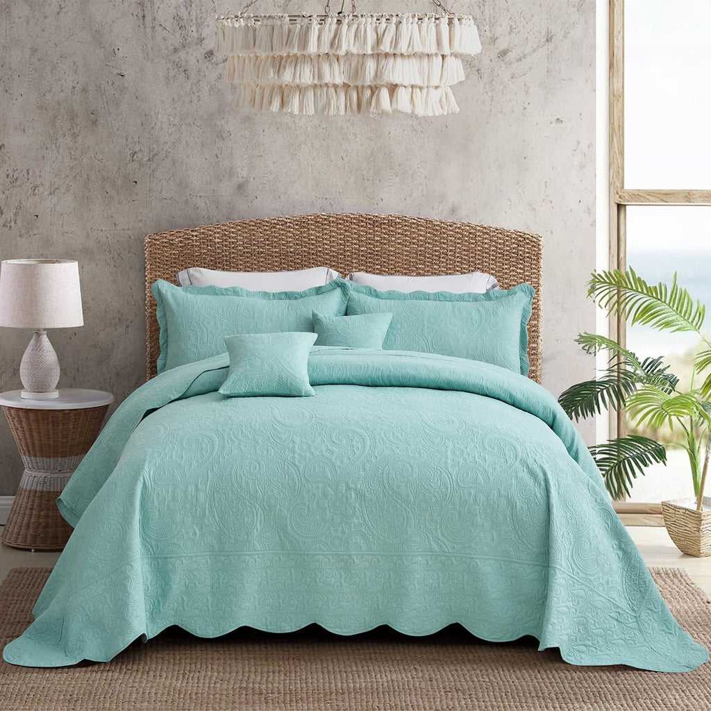 Blythease Oversized King Bedspread, Embossed Paisley Quilt Set King/Cal King, Lightweight Reversible Coverlet, Scalloped Edge - Fresh Classic Look, 5 Piece, Seaglass