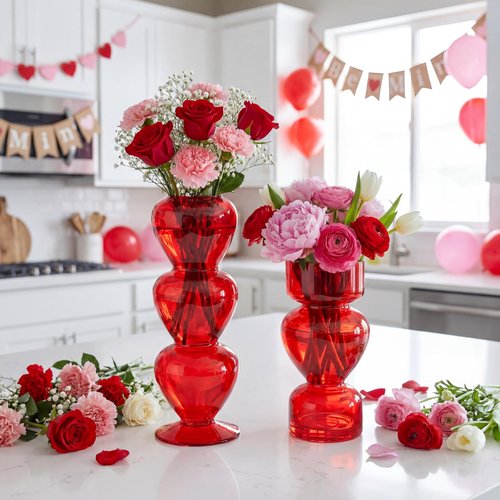 Acellegic 2 Pcs Valentine's Day Red Glass Bud Vase Table Centerpiece Red Heart Transparent Glass Vase Valentines Home Indoor Decor Table Decor for Proposal Valentine Gifts Mothers Day Bridal Shower