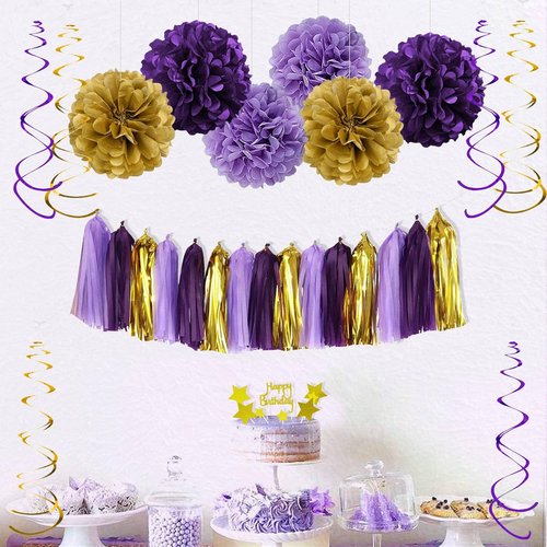 YGYXMY Purple and Gold Party Decorations for Women - Happy Birthday Banner, Balloons, Tissue Pompoms, Swirls, Tassels Garland