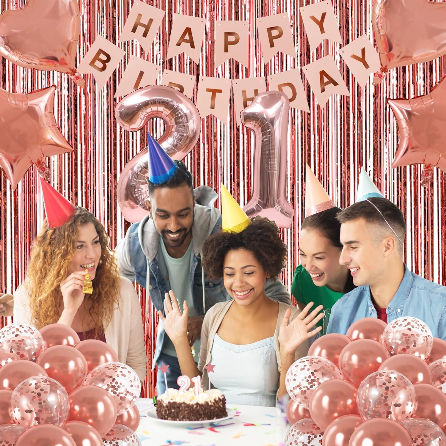RUBFAC 21st Birthday Decorations - Elegant Rose Gold Sweet 21 Party Kit with Banner & Balloons