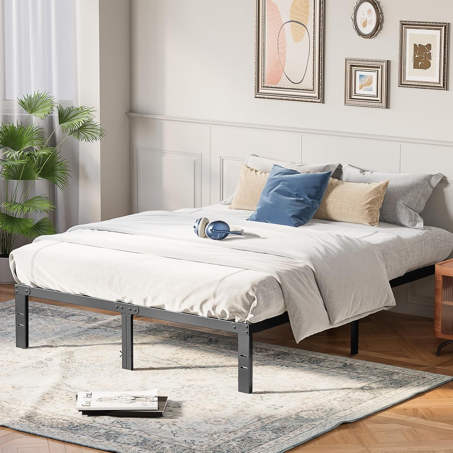 OLIXIS Metal Queen Bed Frame - 14" High with Storage Space & Sturdy Steel Support | Easy Assembly, Black