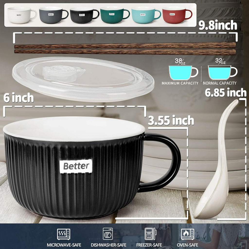 Artena 38 oz Soup Bowls - Large Microwave Safe Ceramic Ramen Bowls with Handles & Lids | Black, Set of 1