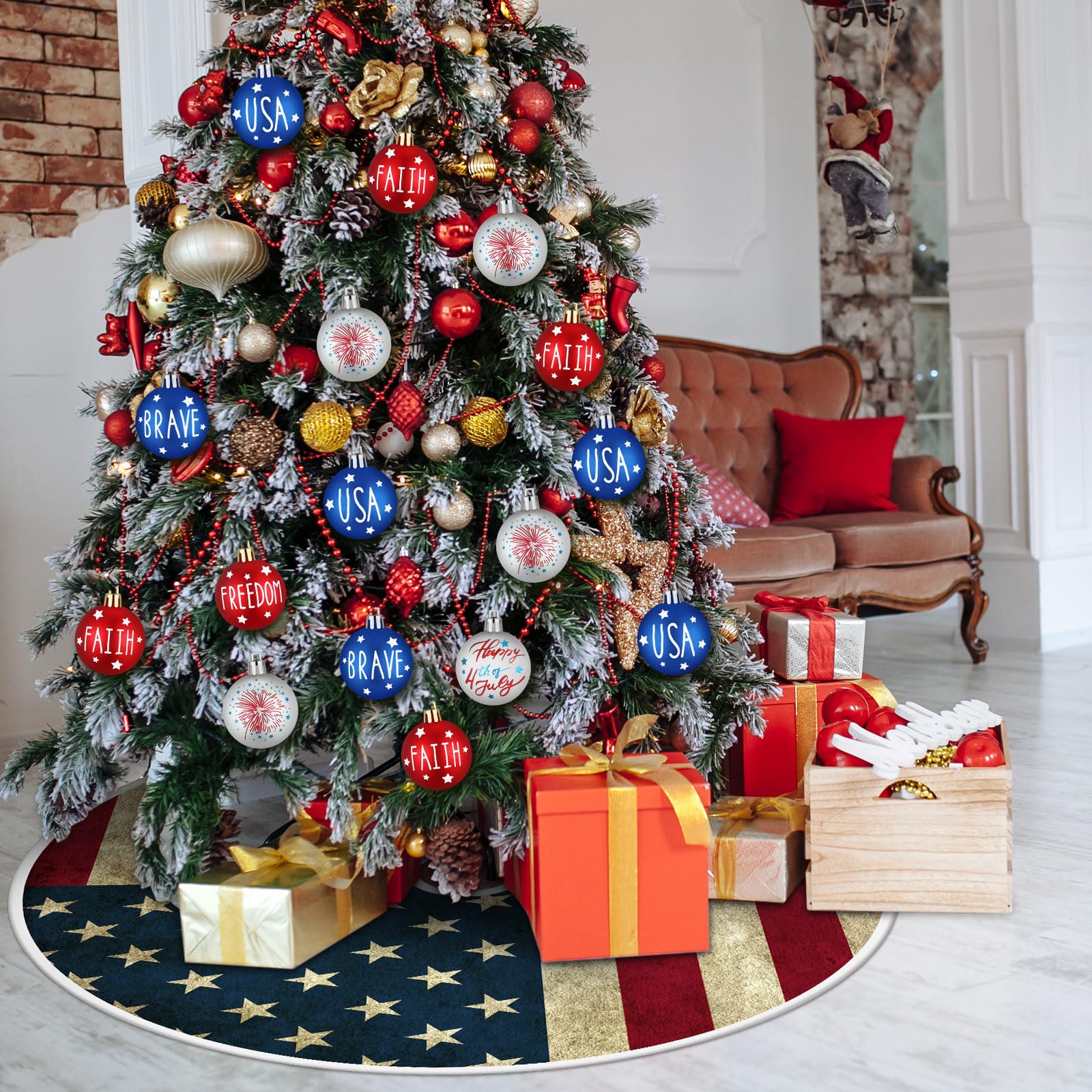 PullCrease 36 Inch Patriotic Tree Skirt Reversible Summer Flamingo Tropical Palm Leaf 250th Anniversary Memorial Day Double Sided Print Mat for 4th of July Summer Tree Decoration