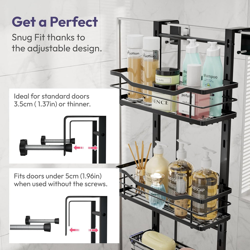 SWTYMIKI Over The Door Shower Caddy - 3 Tier Adjustable Organizer with Soap Holder | No Drilling Stainless Steel, Black
