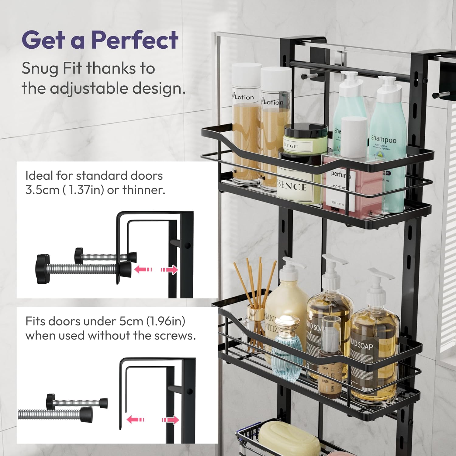 SWTYMIKI Over The Door Shower Caddy - 3 Tier Adjustable Organizer with Soap Holder | No Drilling Stainless Steel, Black