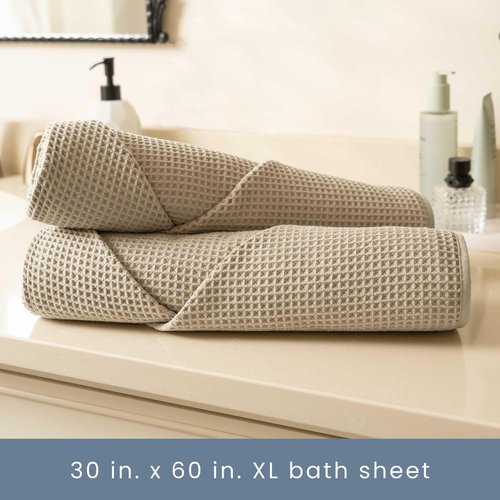 S&T INC. Bath Towels, Premium Waffle Towels for Bathroom, Extra Large, Absorbent Microfiber for Home, Yoga, and Gym, Waffle Weave, 30 Inches x 60 Inches, 420gsm, 4 Pack, Beige