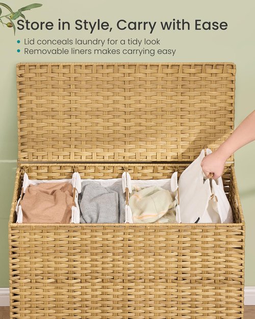 SONGMICS Laundry Hamper with Lid, 55.4 Gal. (210 L) PE Rattan Laundry Basket with Lid and Handles, Natural Material,Removable Machine Washable Liner, Goose Yellow ULCB224YE01