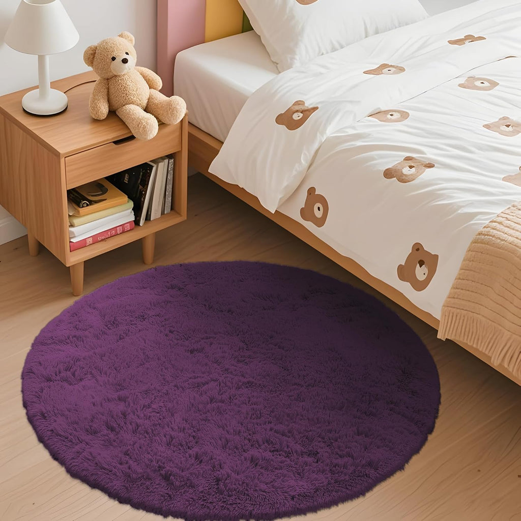 OLANLY Round Dark Purple Area Rug - Soft, Fluffy, Machine Washable 3 ft Carpet for Bedroom & Living Room