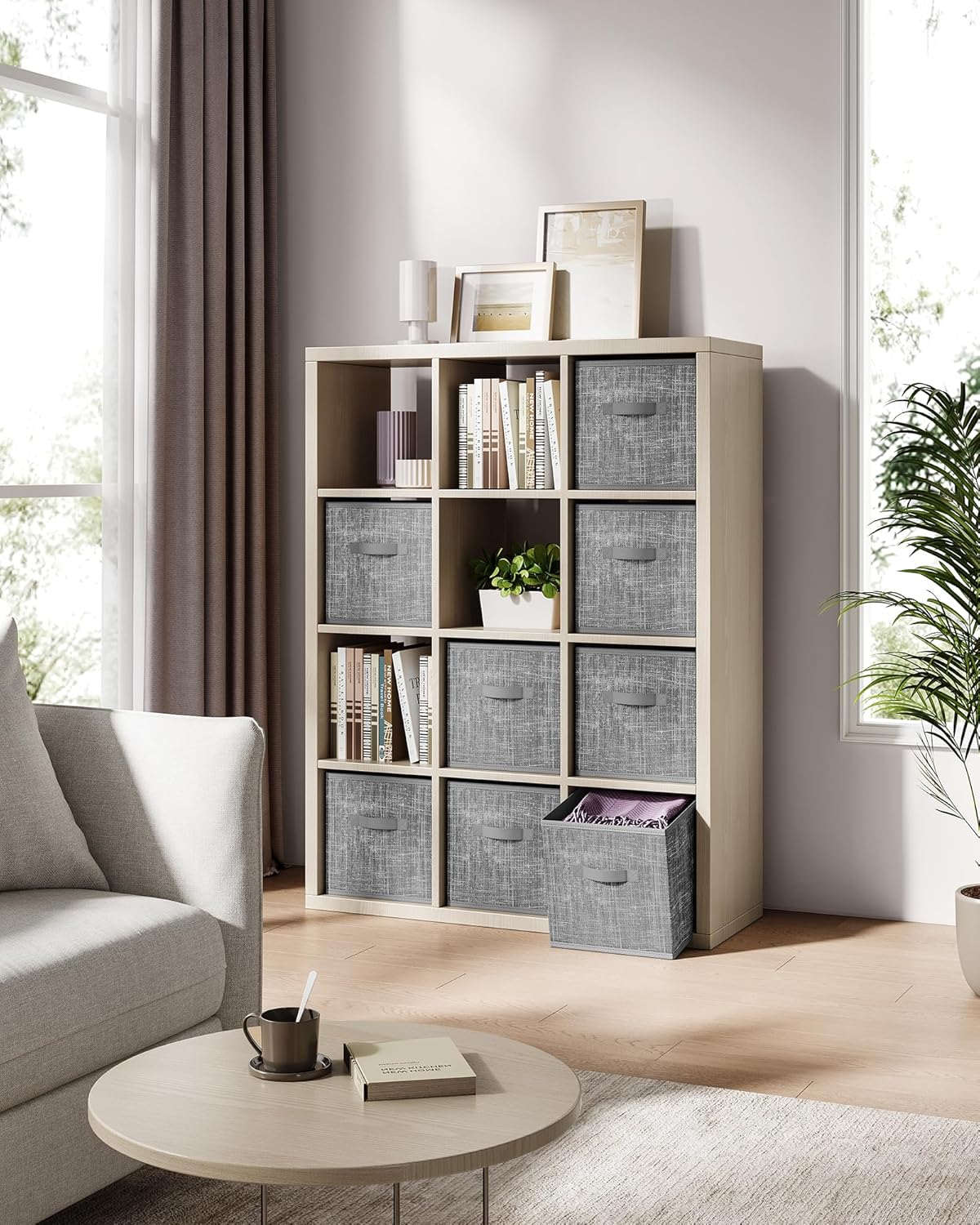 SONGMICS Storage Cubes - Foldable Non-Woven Fabric Bins with Double Handles - Set of 8, Cattail Gray, 13 x 13 x 13 Inches