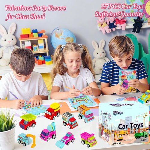Easter Basket Stuffers for Kids School - 27PCS Valentine Gifts with Pull Back Cars Truck Vehicles Set for Boys Girls, Construction Toy for Class Party Favors, Potty Training Reward for Kid Classroom
