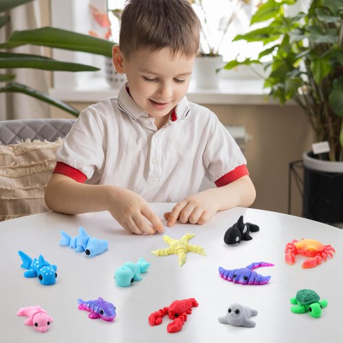 JOYIN 12 Pcs 3D Printed Ocean Animals Set, Mini Animals 3D Printed Toys - Cute Articulated Flexible Figurines Fidget Toys for Easter Party Favors Birthday Gifts Desk Pets Office Home Decor