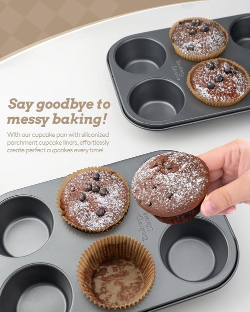 Bake Choice Jumbo Muffin Pan Set - Nonstick 6-Cup Baking Pans with 50 Natural Cupcake Liners