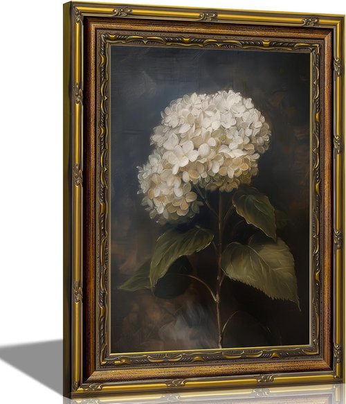Framed White Hydrangea Oil Wall Art - Vintage Floral Canvas Print for Living Room | 12x16in