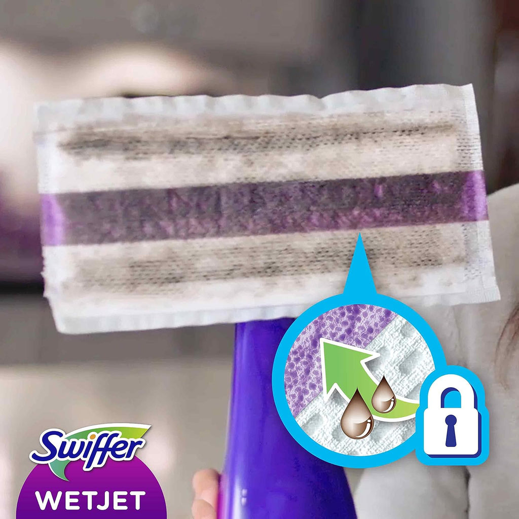 Swiffer WetJet Floor Spray Mop Starter Kit - Includes 1 Mop, 5 Pads, Cleaning Solution & 4 Batteries