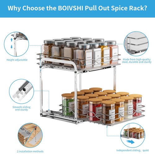 BOIVSHI Pull Out Spice Rack, 2 Tier Spice Organization for Cabinet, Heavy Duty Spice Rack, 9-1/4 inch Wide - Spice Racks for Inside Cabinets, Kitchen, Pantry - Chrome, 9.25”W x 10.39”D x 9.76”H