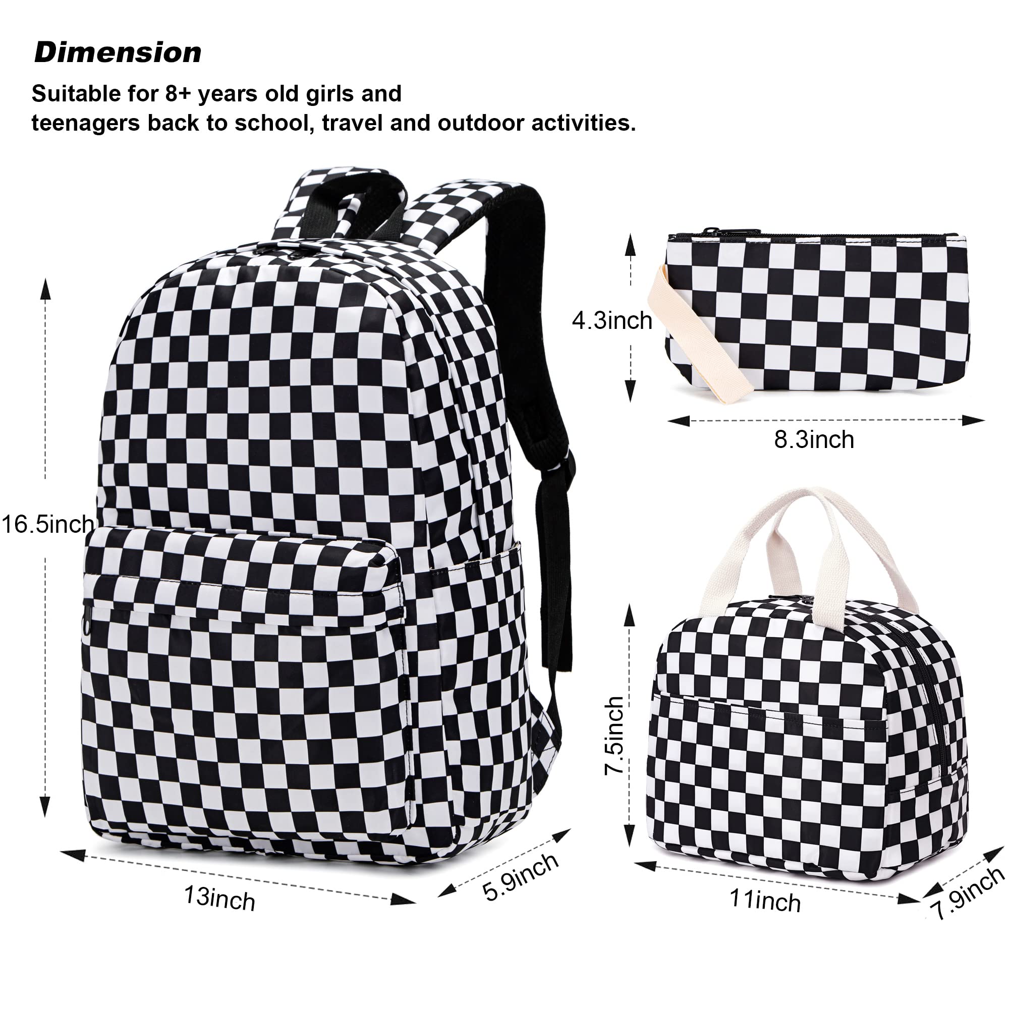 Yusudan Checkered Girls School Backpack Set, Kids Teens School Bag Bookbag with Lunch Bag Pencil Bag