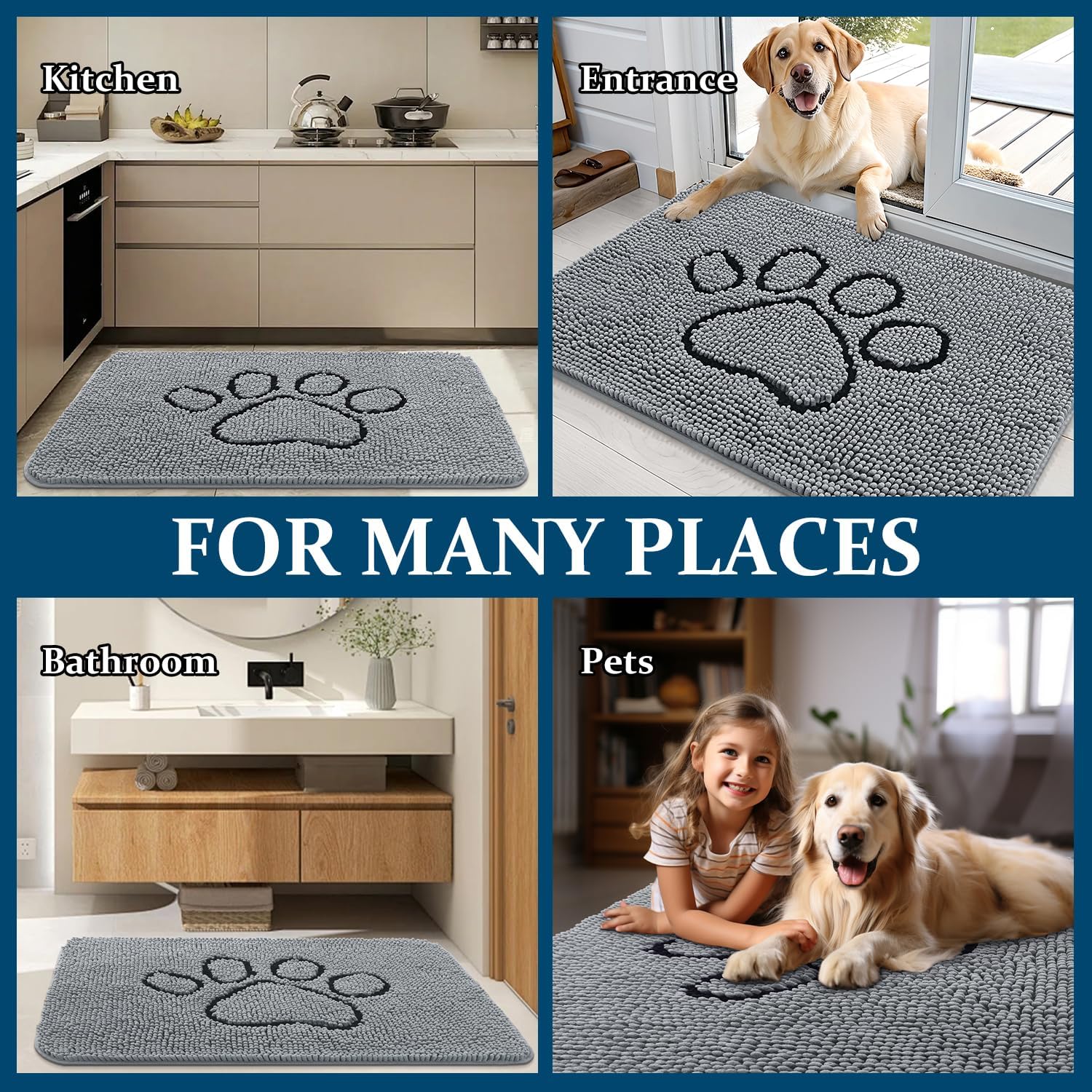 OLANLY Dog Door Mat - Absorbent Non-Slip Mud Mat for Paws | 34x21 Inches, Grey Chenille Design