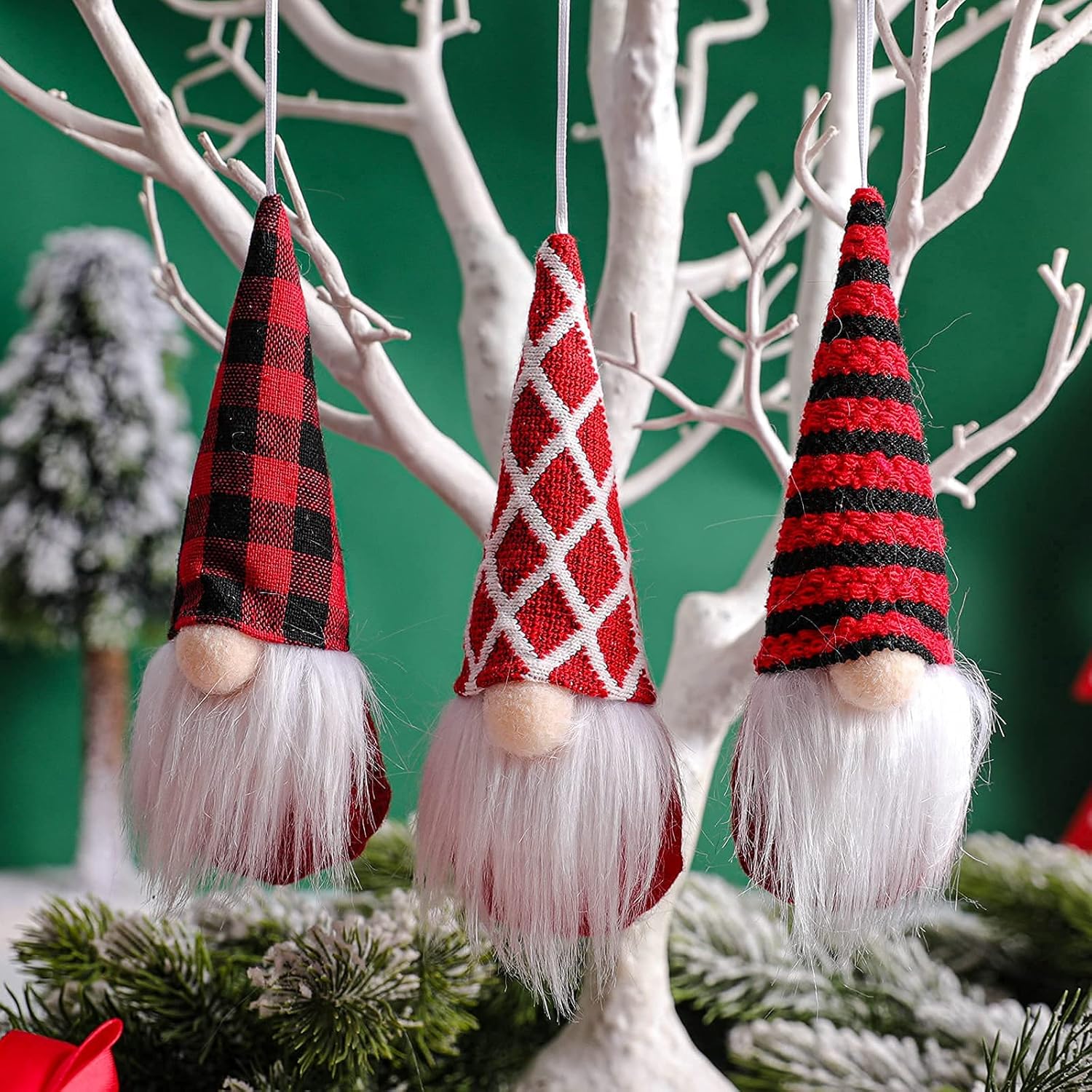 Skiennix Gnome Christmas Ornaments - Set of 3 Plush Santa Gnomes for Holiday Tree Decor | Red