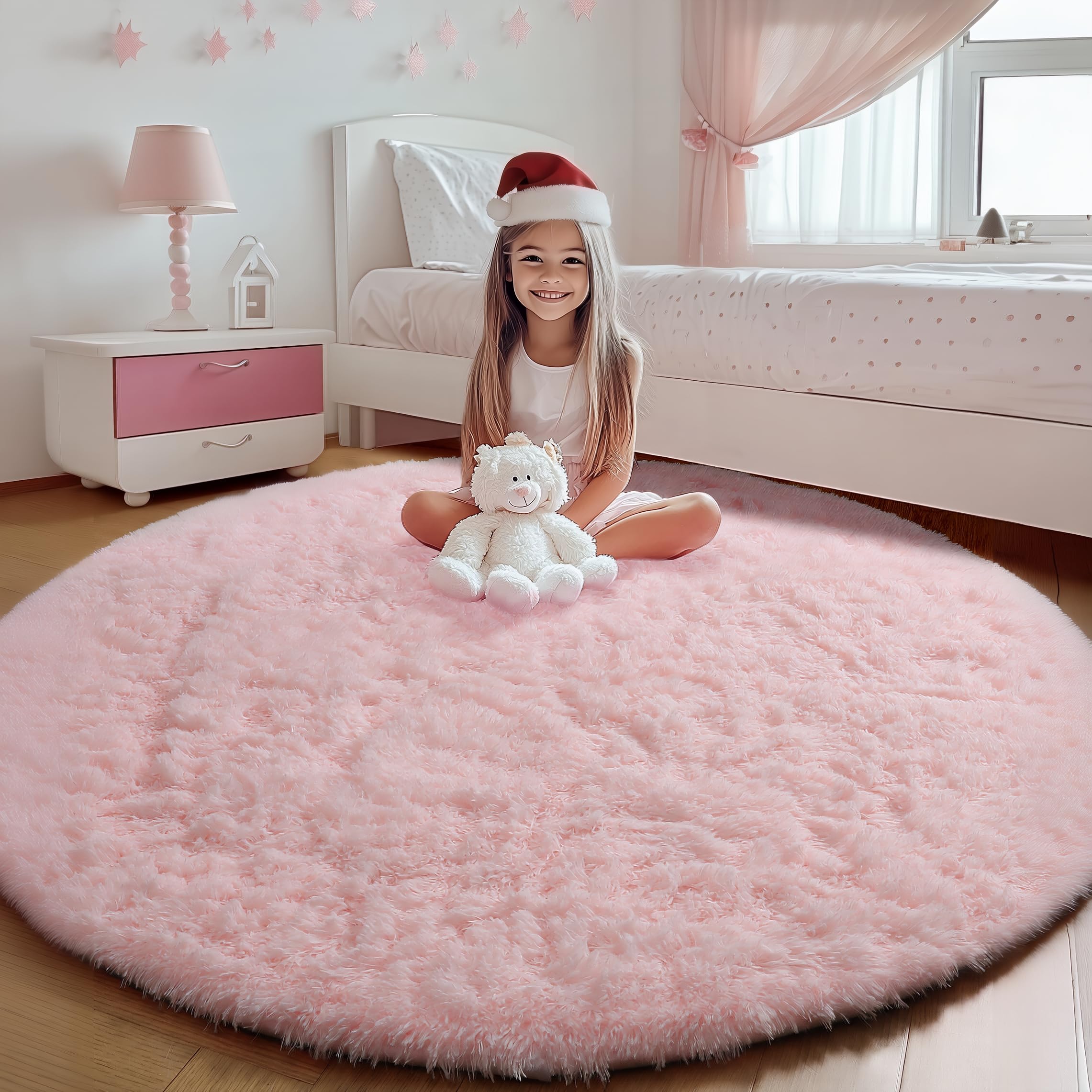 ONASAR Light Pink Fluffy Round Rugs 4ft for Girls Bedroom, Circle Area Rug for Kids Teen, Soft Plush Shaggy Circular Carpet for Nursery Dorm Classroom Playroom Living Room Home Decor Aesthetic