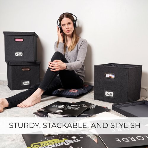 ZICOTO Decorative Vinyl Record Storage Box for 50+ Single Records - Sturdy and Easy to Carry LP Holder with Lid - The Perfect Storage Crate for Your Valuable Album Collection