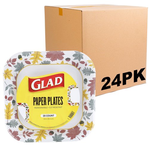 Glad Square Disposable Paper Plates, Falling Foliage Pattern - Strong, Sturdy, Soak Proof, and Microwavable Decorative Plates for Dinner and Everyday Use, 10 Inch, 20 Count - 24 Pack