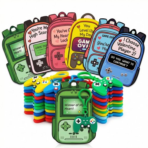 MoimTech Valentines Day Cards Gifts for Classroom, 24 Pcs Game Controller Keychains and 24 Themed Valentine's Day Cards, Gamers Gift Exchange for School Classroom