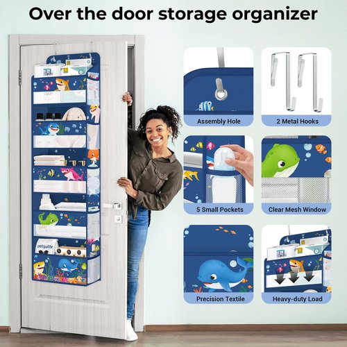 Clastyle Ocean Animals Over the Door Organizer Fish Nursery Hanging Storage Organizer for Kids Clothes Diaper Toy Closet Door Hanging Shelf Storage for Bedroom Bathroom Pantry, Shark, 5-Tier