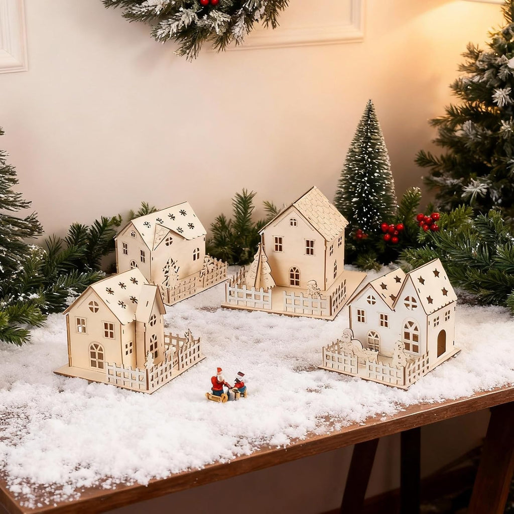 Qunclay Christmas Village Set - 4 Unfinished Wooden Houses for Holiday Crafts & Table Decor
